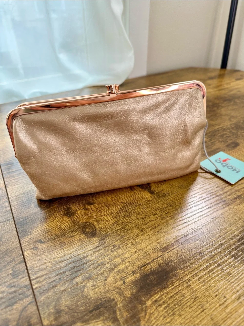 Hobo Lauren Clutch Wallet, Double Kisslock, Blush Leather, Rose Gold Hardware